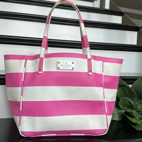 Kate Spade striped pink white shoulder tote travel overnight beach - Picture 1 of 12
